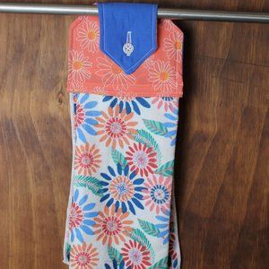 PEACH & BLUE DAISY FLOWER HAND TOWEL HANDMADE HANGING KITCHEN COLORFUL